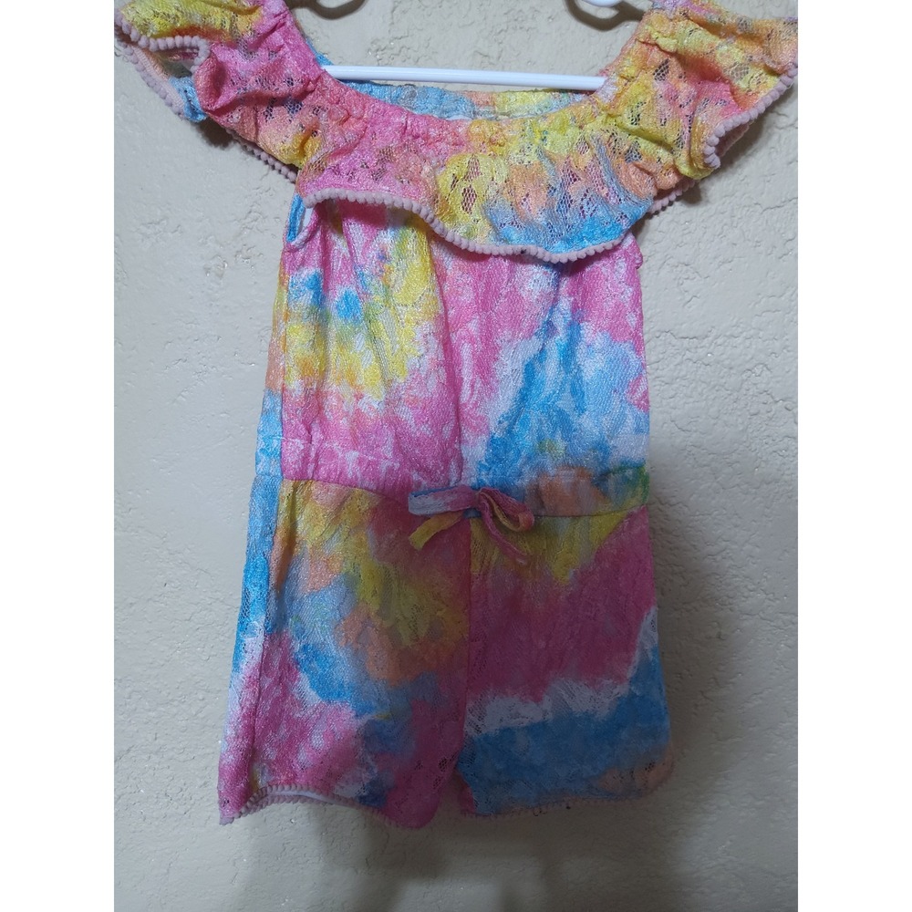 Girls Tie Dye Lace Romper Pink Yellow Blue Off Shoulder Pom Pom Trim 3T